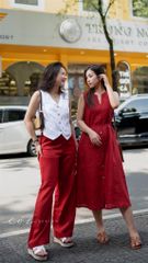 Đầm cổ xẻ sát nách nút dừa kèm belt linen tưng premium Cói Design