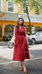 Đầm cổ xẻ sát nách nút dừa kèm belt linen tưng premium Cói Design