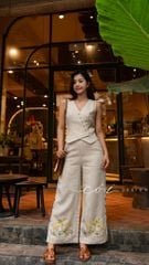 Quần suông thêu hoa nút bọc linen tưng premium Cói Design