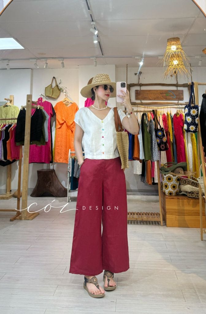 Quần suông phối bèo lai túi linen tưng premium Cói Design
