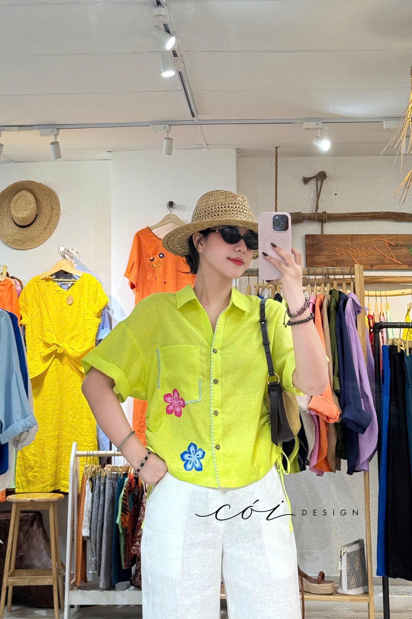 Áo sơ mi rút dây sườn phối hoa handmade linen tưng Cói Design
