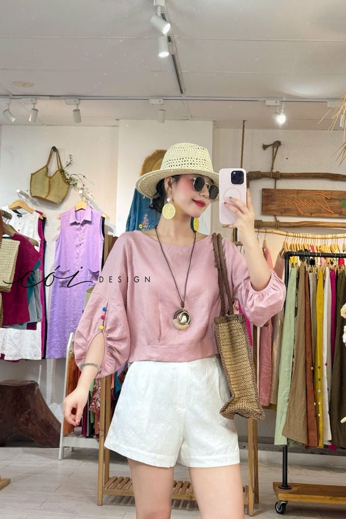 Áo tay phồng phối nơ lưng linen tưng premium Cói Design