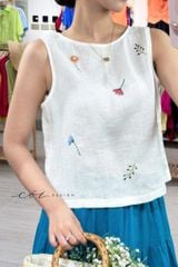 Áo thêu sát nách nút bọc Hoa Gió linen tưng premium Cói Design