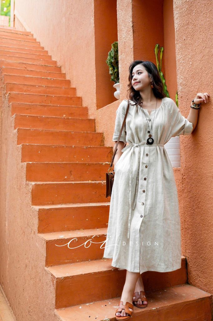 Đầm suông cổ tròn xếp nhún kèm belt linen tưng premium Cói Design