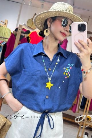 Áo sơ mi rút dây thêu hoa vai Linen tưng premium Cói Design