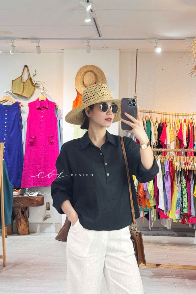 Áo cổ sơ mi 3 nút tay dài linen tưng premium Cói Design