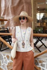 Áo sát nách thêu tay hoa rơi viền sò linen tưng premium Cói Design