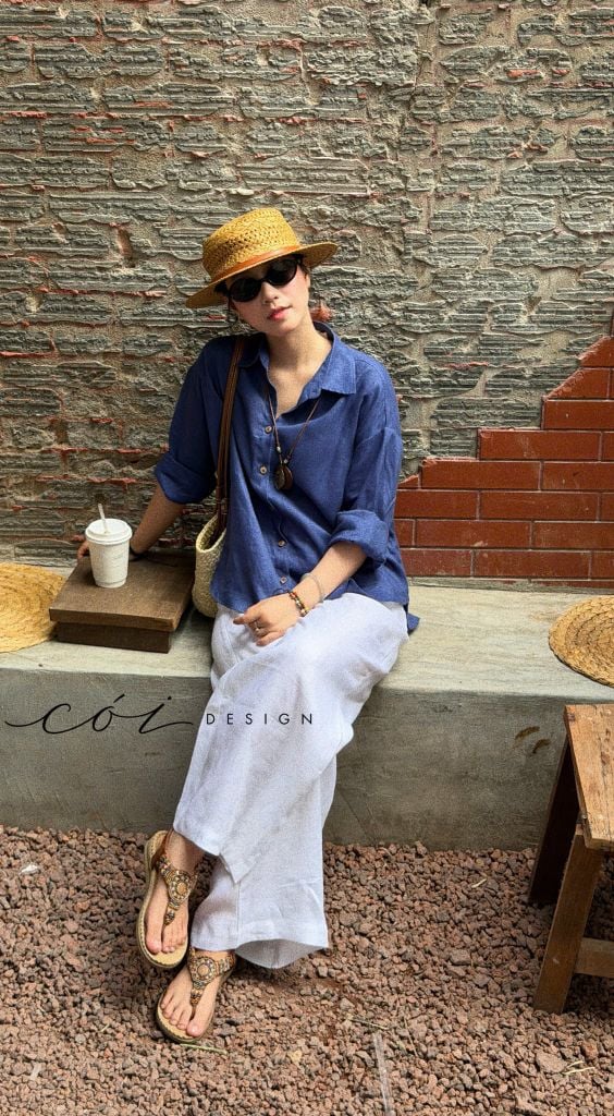 Áo sơ mi form suông phối nút lưng linen tưng premium Cói Design