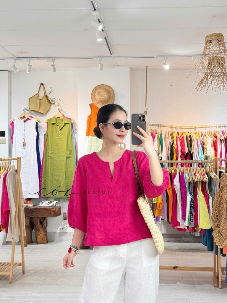 Áo cổ xẻ tròn tay phồng linen tưng premium Cói Design