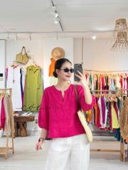 Áo cổ xẻ tròn tay phồng linen tưng premium Cói Design