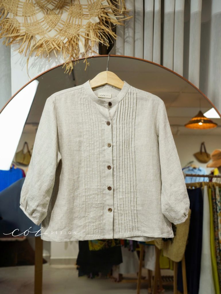 Áo cổ trụ xếp ly tay phồng linen tưng premium Cói Design