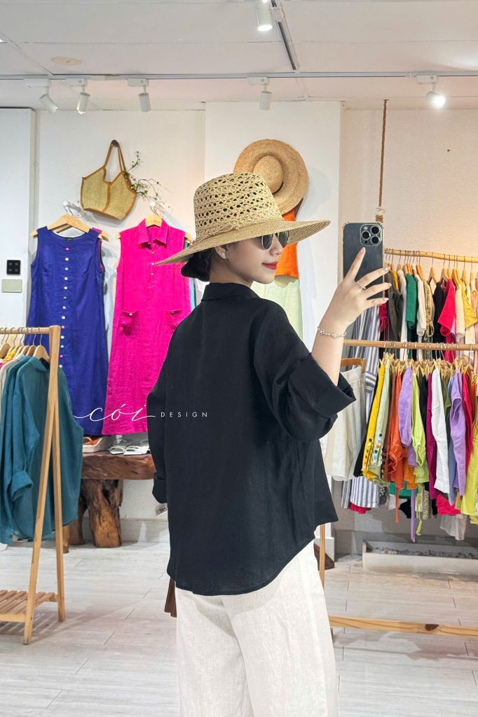 Áo cổ sơ mi 3 nút tay dài linen tưng premium Cói Design