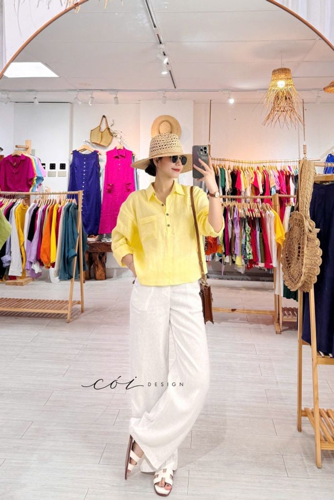 Áo cổ sơ mi 3 nút tay dài linen tưng premium Cói Design
