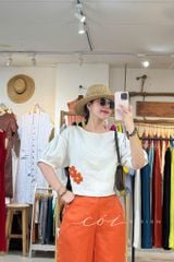Áo thêu viền cổ phối hoa tua rua handmade linen tưng premium Cói Design