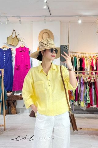 Áo cổ sơ mi 3 nút tay dài linen tưng premium Cói Design