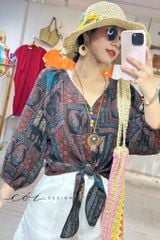 Áo cổ tim thắt nơ tay phồng linen Cói Design