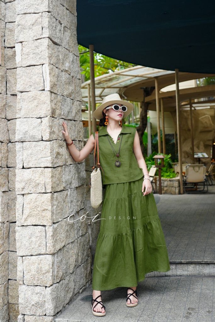 Áo sát nách cổ V nút bọc màu linen tưng premium Cói Design