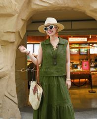Áo sát nách cổ V nút bọc màu linen tưng premium Cói Design