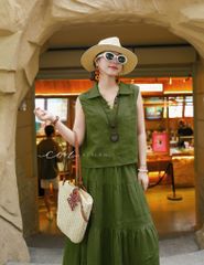 Áo sát nách cổ V nút bọc màu linen tưng premium Cói Design