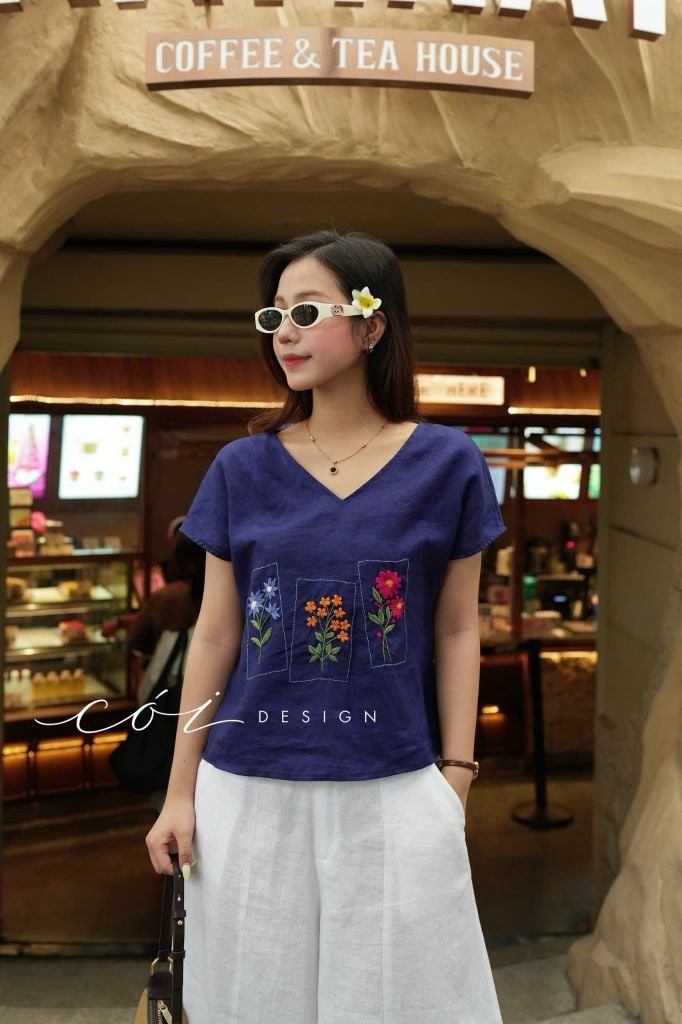 Áo thêu 3 ô linen tưng premium Cói Design