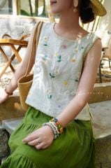 Áo sát nách thêu tay hoa rơi viền sò linen tưng premium Cói Design