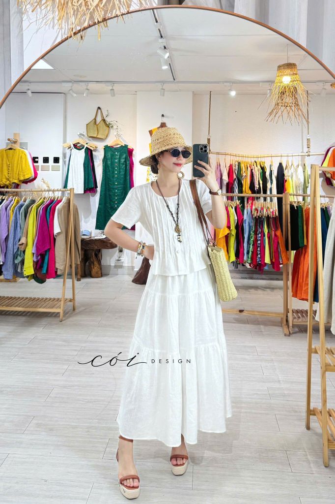 Áo cổ tròn xếp ly nút bọc linen tưng premium Cói Design