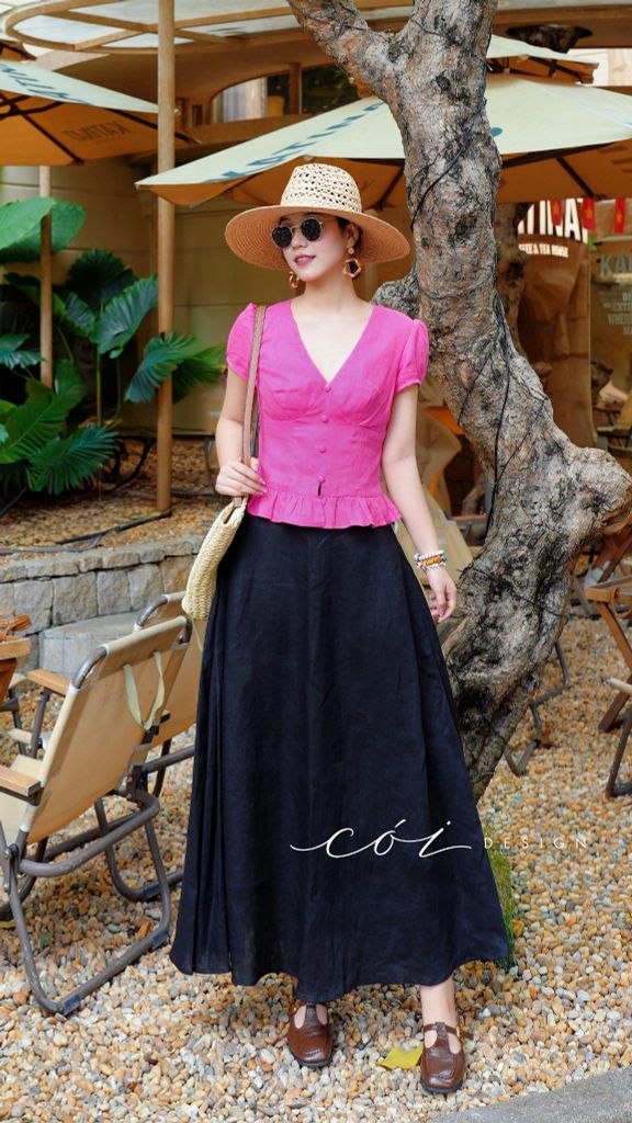 Áo cổ tim tay phồng nhún bèo linen tưng premium Cói Design