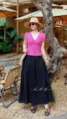 Áo cổ tim tay phồng nhún bèo linen tưng premium Cói Design