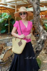 Áo cổ tim tay phồng nhún bèo linen tưng premium Cói Design