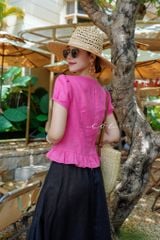 Áo cổ tim tay phồng nhún bèo linen tưng premium Cói Design