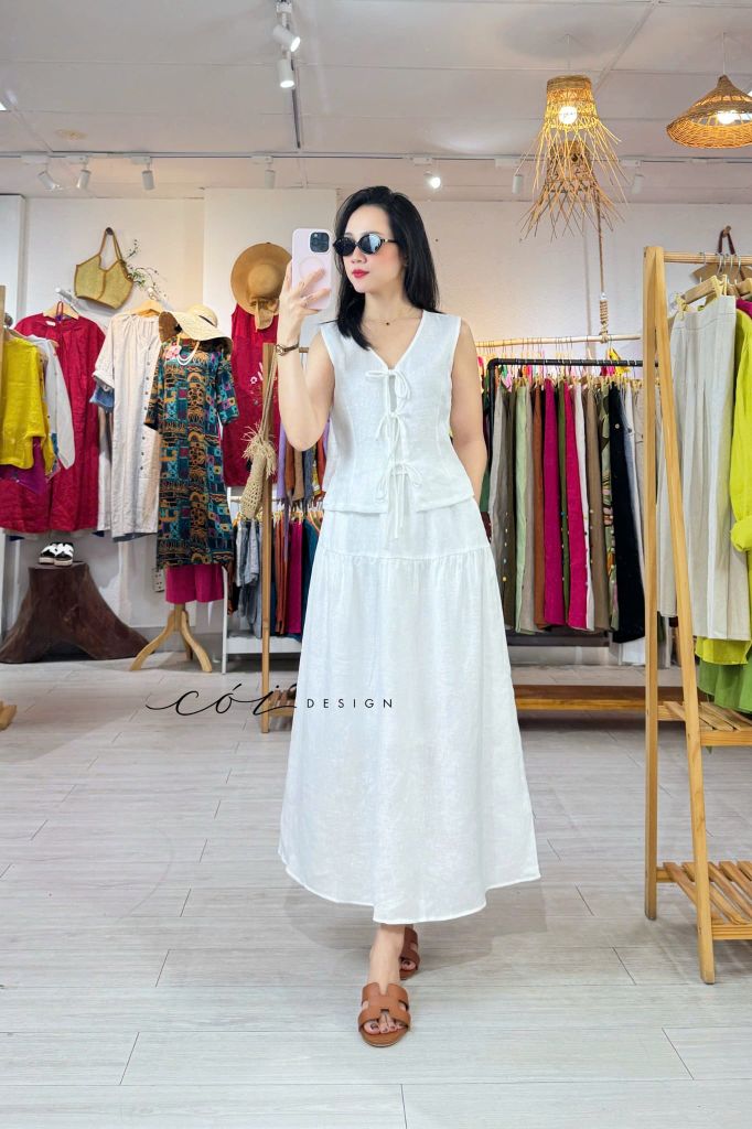 Áo sát nách phối nơ linen tưng premium Cói Design