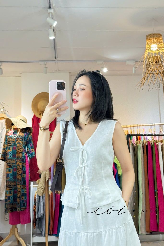 Áo sát nách phối nơ linen tưng premium Cói Design