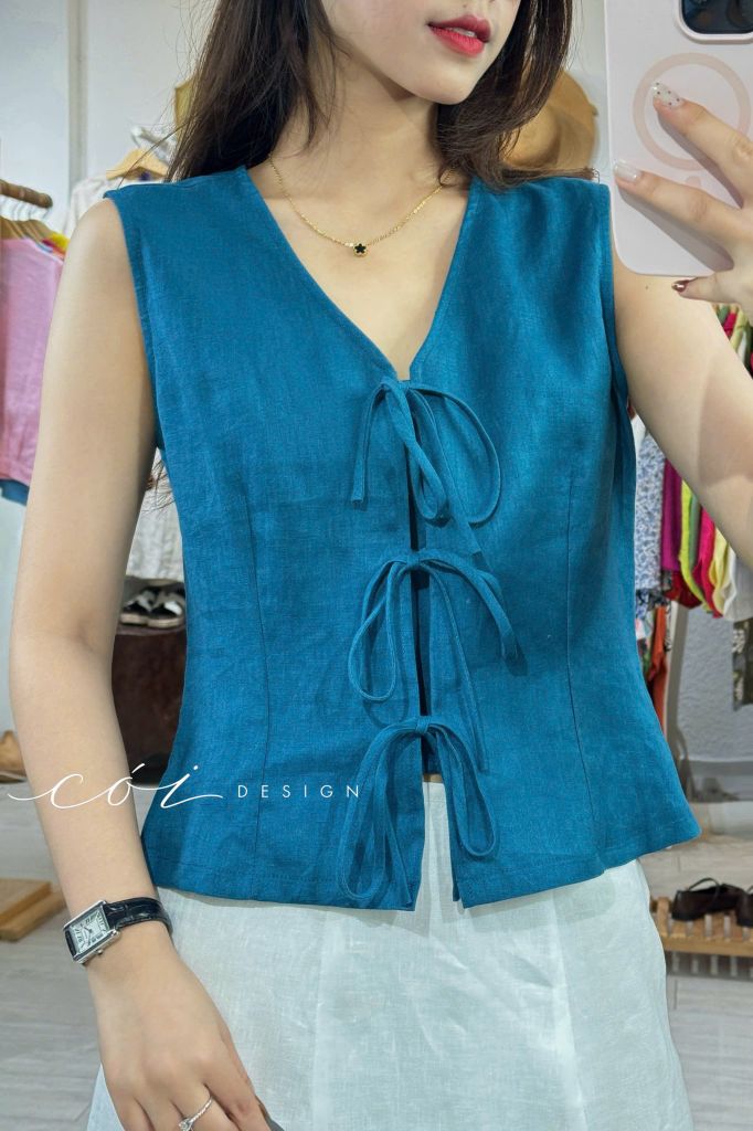 Áo sát nách phối nơ linen tưng premium Cói Design
