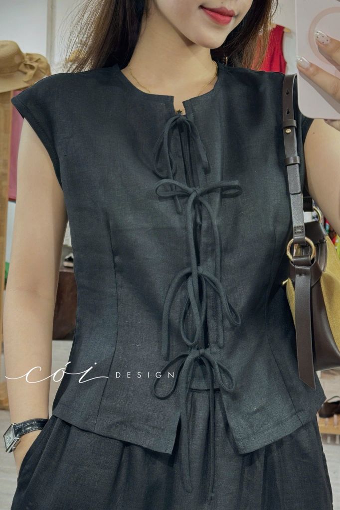 Áo cổ tròn phối nơ linen tưng premium Cói Design
