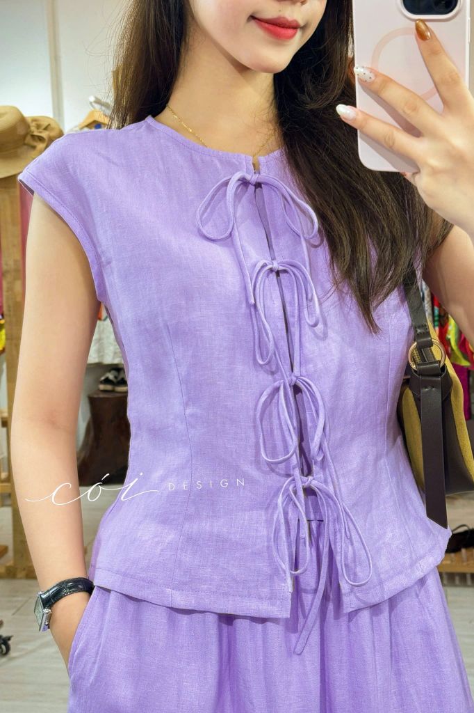 Áo cổ tròn phối nơ linen tưng premium Cói Design