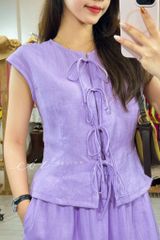 Áo cổ tròn phối nơ linen tưng premium Cói Design