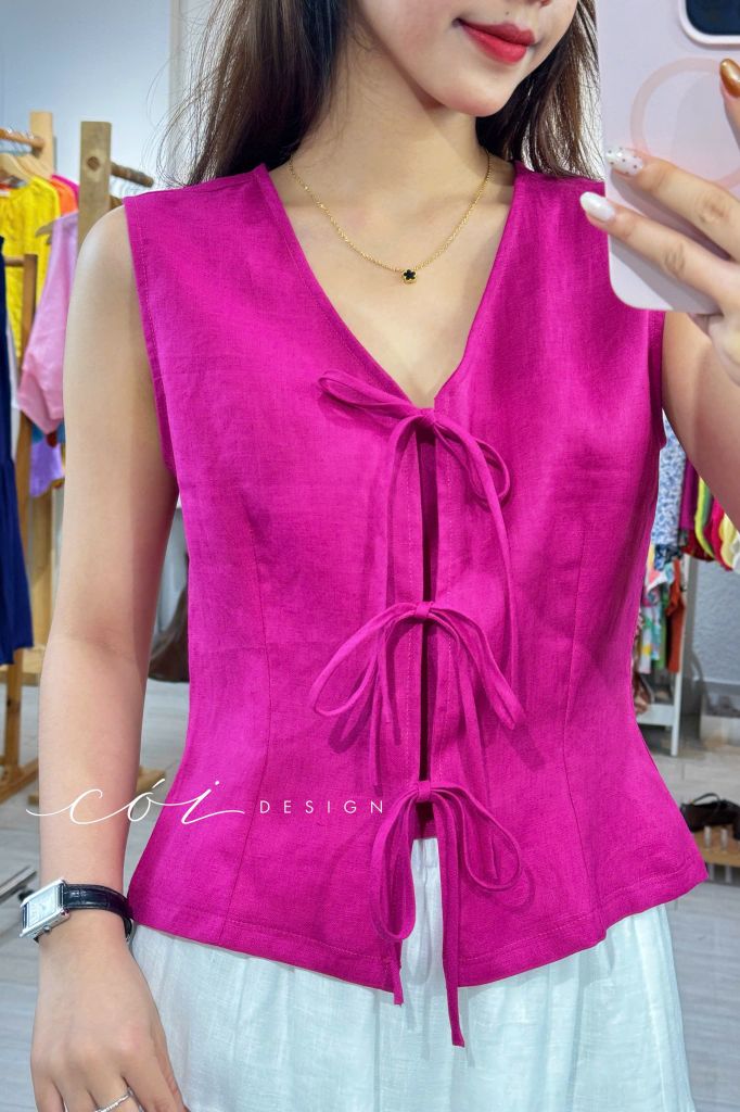 Áo sát nách phối nơ linen tưng premium Cói Design