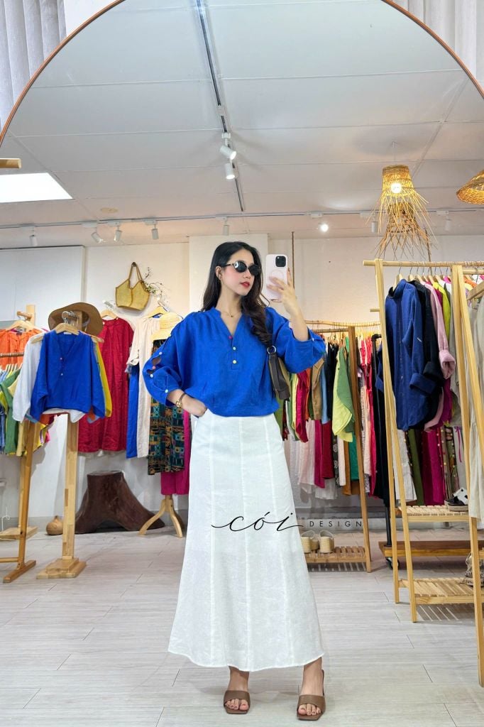 Áo cổ trụ 19 nút bọc màu Linen tưng premium Cói Design