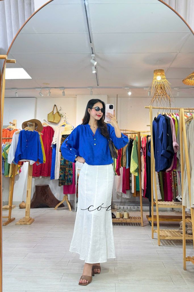 Áo cổ trụ 19 nút bọc màu Linen tưng premium Cói Design