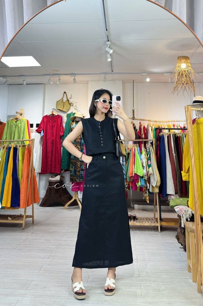 Áo sát nách xếp ly cổ trụ linen tưng premium Cói Design