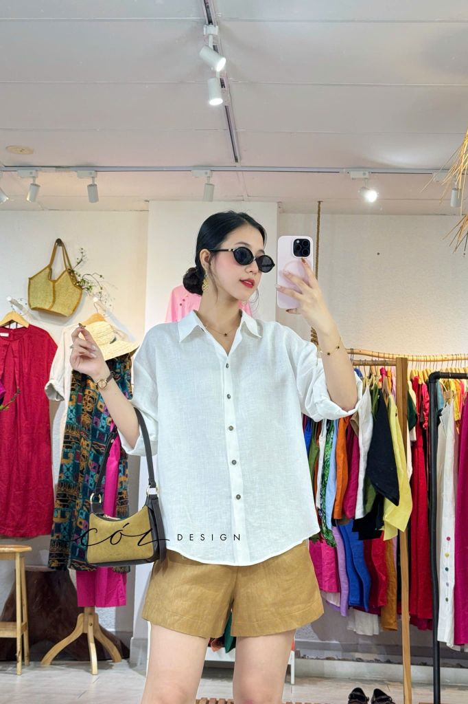 Áo sơ mi form suông phối nút lưng linen tưng premium Cói Design