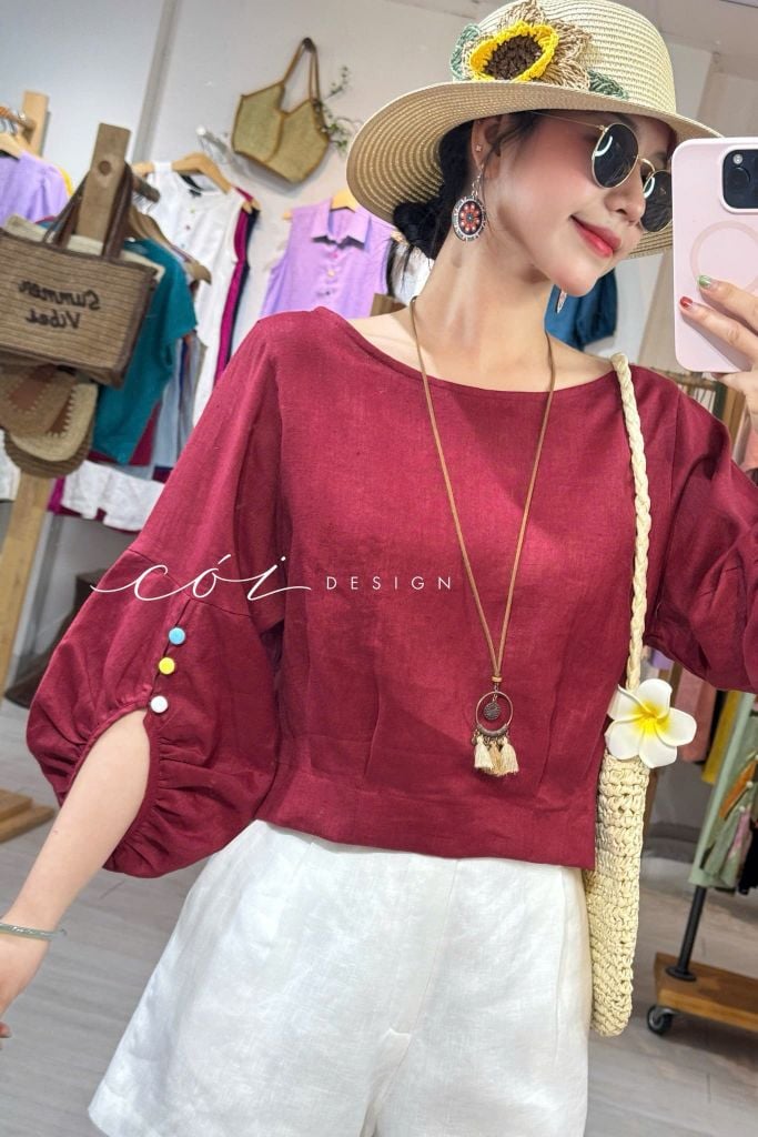 Áo tay phồng phối nơ lưng linen tưng premium Cói Design
