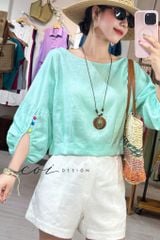 Áo tay phồng phối nơ lưng linen tưng premium Cói Design