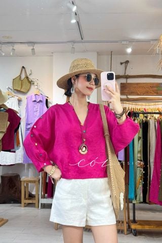 Áo cổ trụ 19 nút bọc màu Linen tưng premium Cói Design