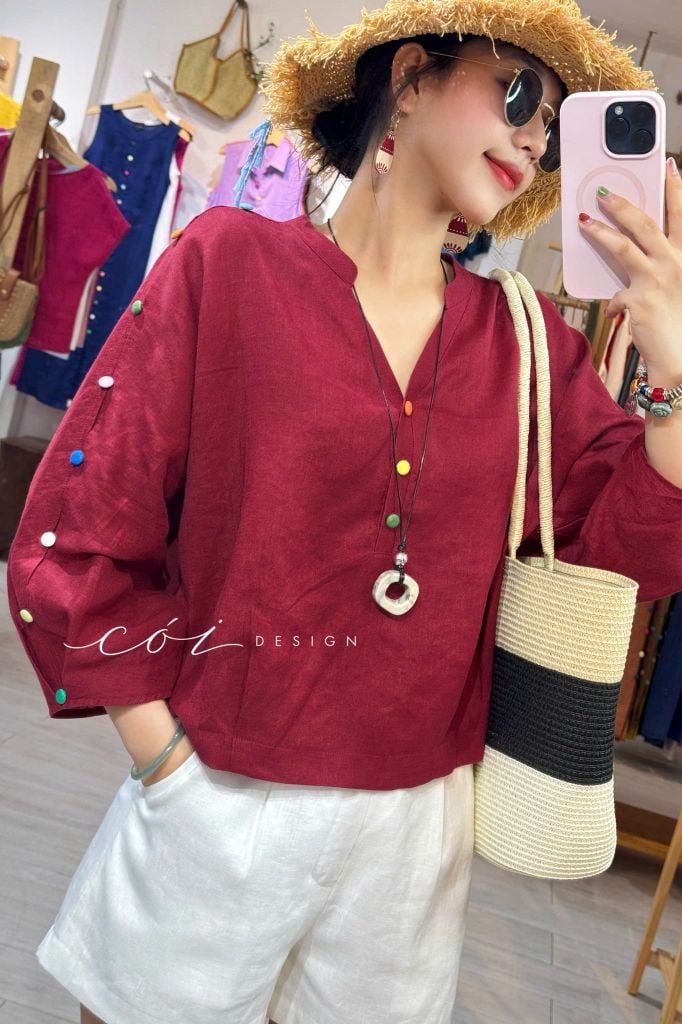 Áo cổ trụ 19 nút bọc màu Linen tưng premium Cói Design