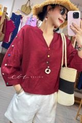 Áo cổ trụ 19 nút bọc màu Linen tưng premium Cói Design