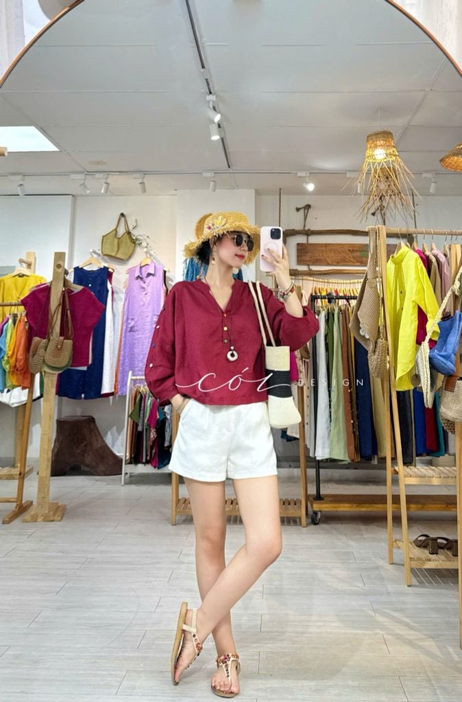 Áo cổ trụ 19 nút bọc màu Linen tưng premium Cói Design