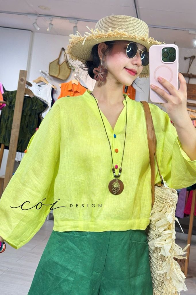 Áo cổ trụ 19 nút bọc màu Linen tưng premium Cói Design
