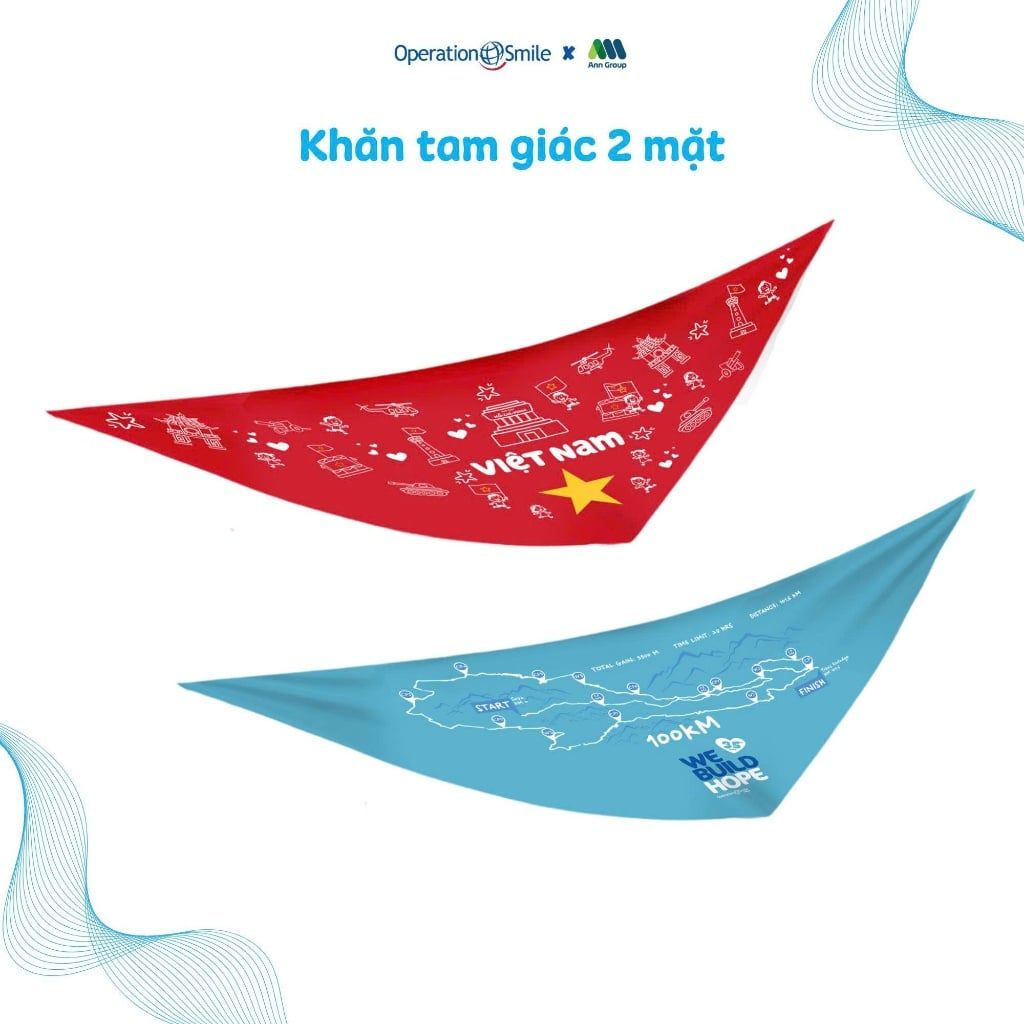 Khăn Lụa Tam Giác BANDANA  – Lụa Satin Cao Cấp màu xanh đỏ in chủ đề WE BUILD HOPE 