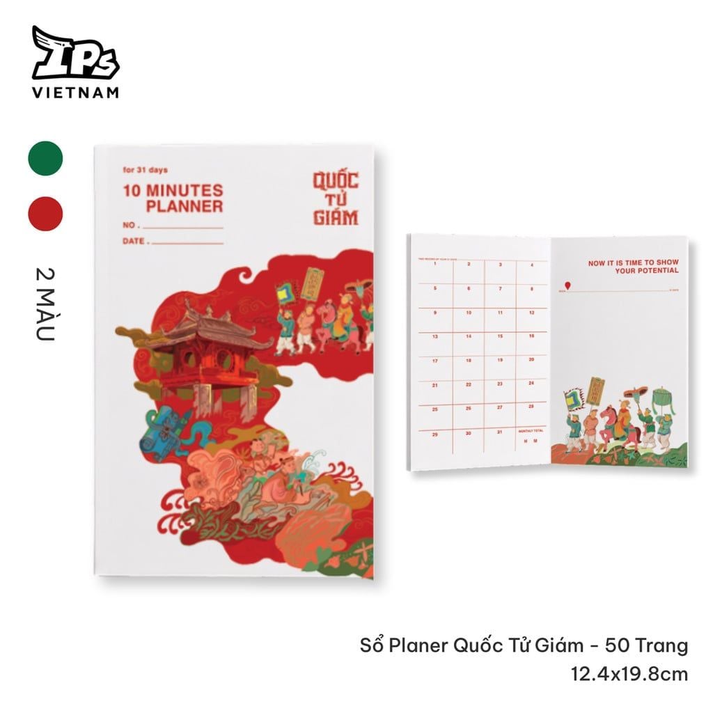  Sổ Planer Quốc Tử Giám màu Đỏ hoạ tiết IP Văn Miếu 50 trang kích thước 12.4 x 19.8 cm 